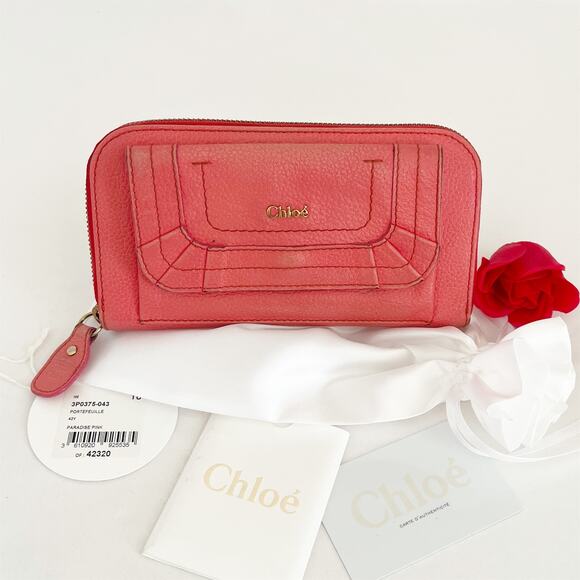 CHLOE Leather Wallet Zip Around Salmon Color - Picture 3 of 11